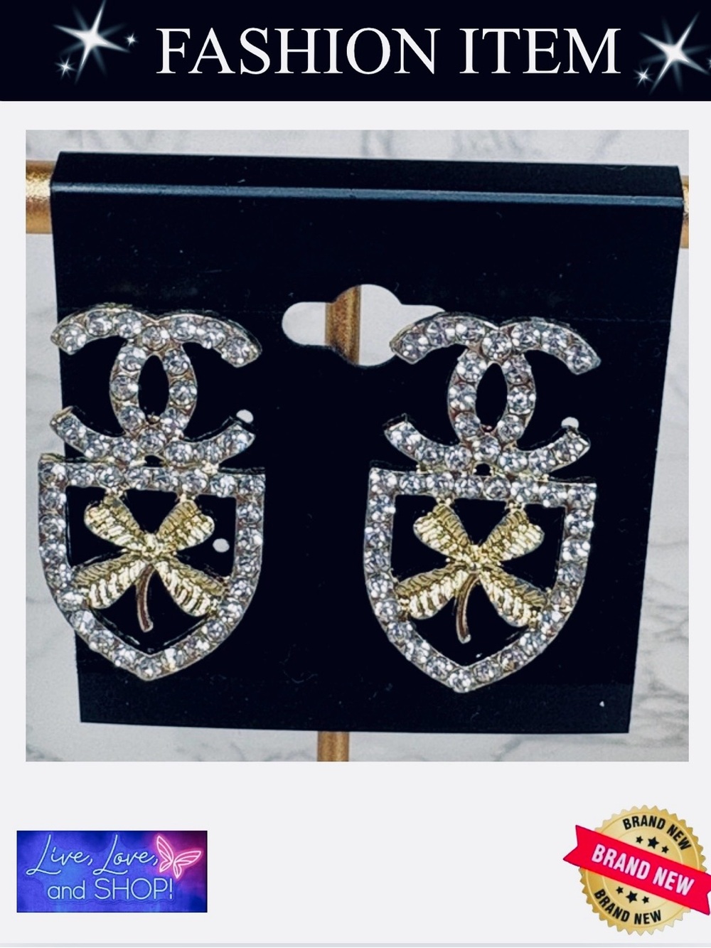EARRINGS: Golden CC & Four-Leaf Clover w/Luminous Rhinestones, NWOT